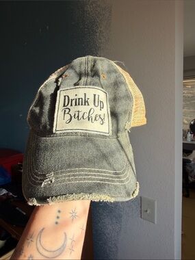 Drink Up Bitches Distressed Trucker Hat - Olive & Tan